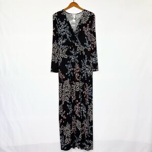 NEW‎ Soma Floral Maxi Long Sleeve Dress Size L Black Stretch Jersey